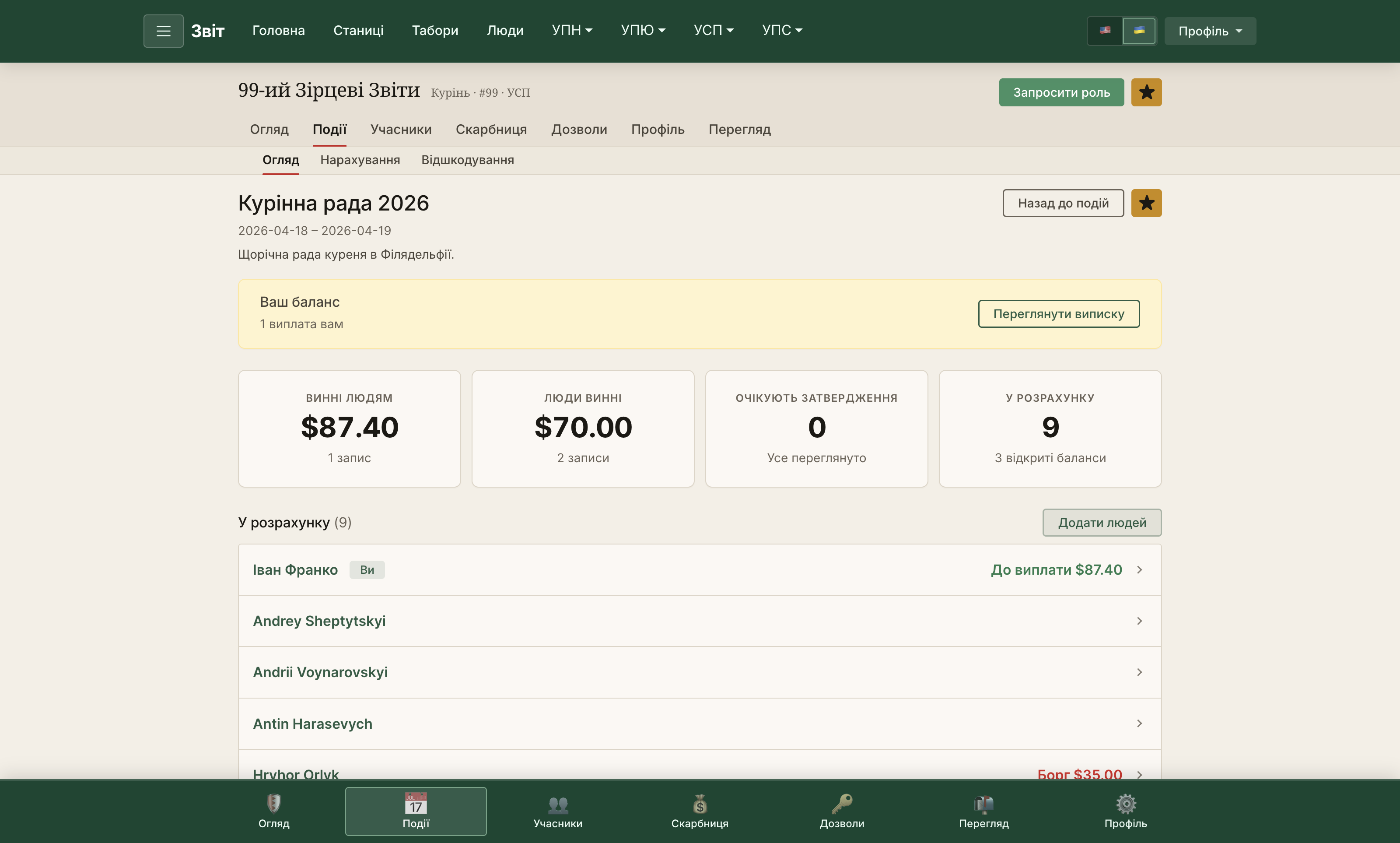 Track expenses for a kurinna rada